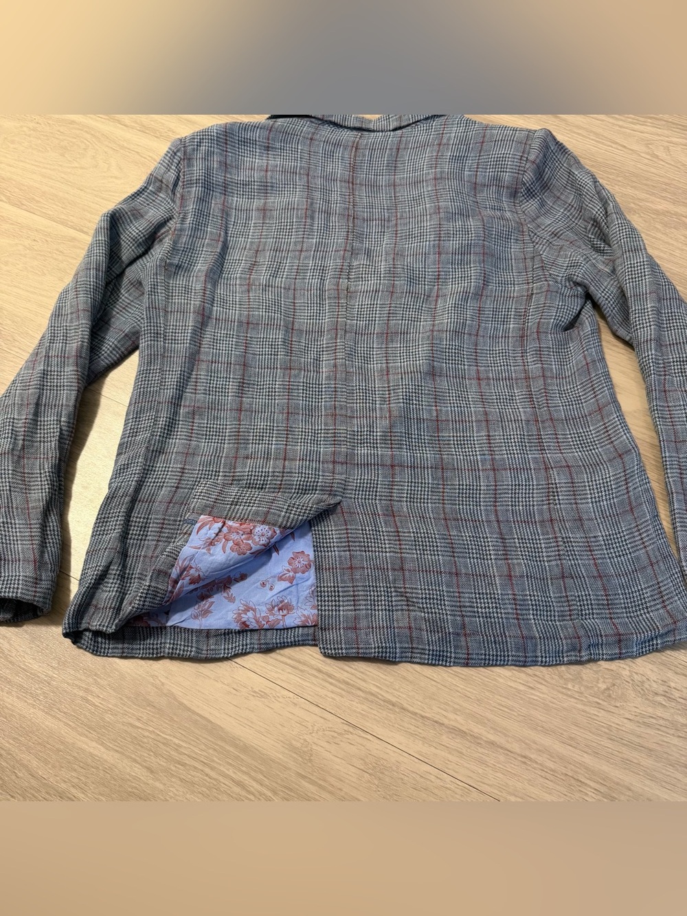 Sundance, 100% Linen Blazer Jacket Plaid Blue Bird Floral Lining | Women Size M - Picture 5 of 9